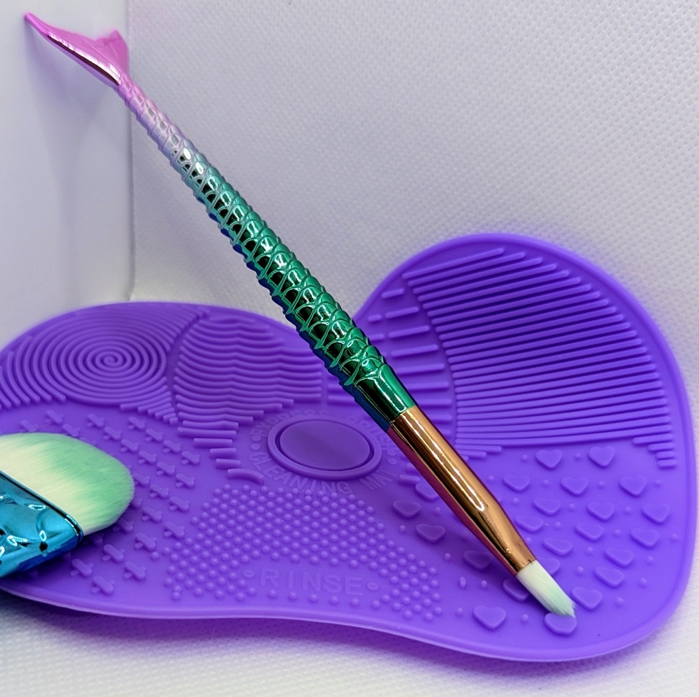 Bundle: 11pc Mermaid Tail Brush Set with Purple Brush Cleaning Mat